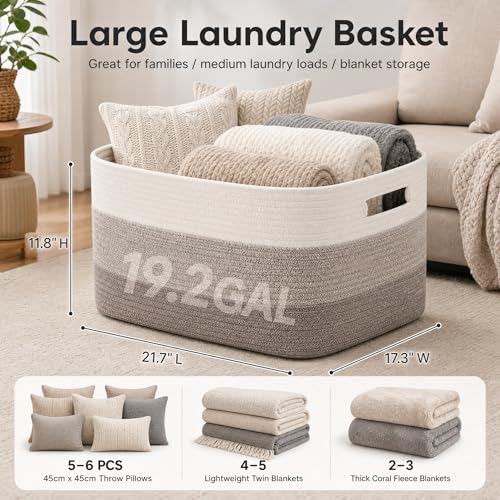 Image of Cotton Rope Laundry Basket Large, 19.2GAL Collapsible Woven Storage Baskets for Living Room Kids Toys Stuffed Animal,Boho Rectangular Decorative Short Hamper for Dirty Clothes Blankets Gradient Brown
