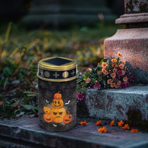 Image of Halloween Solar Memorial Lights for Graves 2 Pcs | Water Resistant Outdoor Flameless Candle Lamp, Stacked Pumpkin Grave Solar Lights for Grave Memorial Gift
