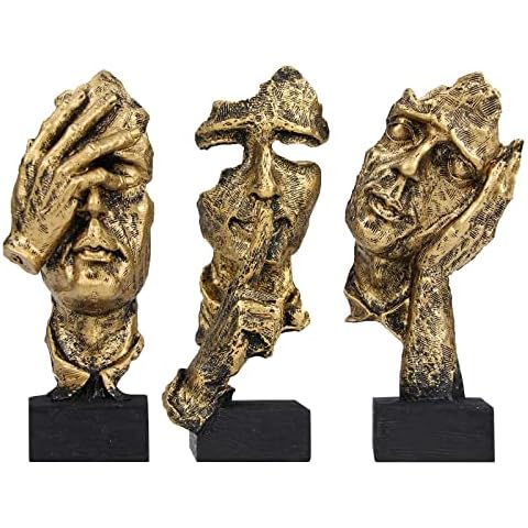 aboxoo 3 Pcs Thinker Statue, Silence is Gold Abstract Art Figurine, No Hear No See No Speak Modern Home Resin Sculptures Decorative Objects Modern Decor for Creative Room Home, Office Study (Gold) Cover