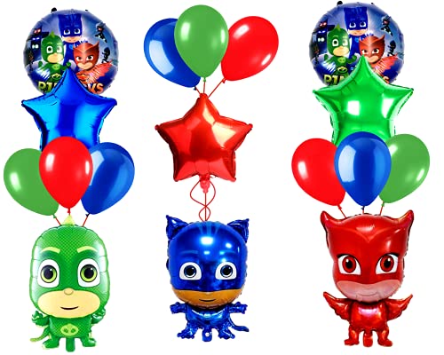 19PCS PJ Masks Inspired Theme Party Supplies Balloons | Red Green Blue Balloons | Happy Birthday Set PJ Masks Foil Ballons for Kids Baby Shower Decorations | Catboy Owlette Gekko Heroes