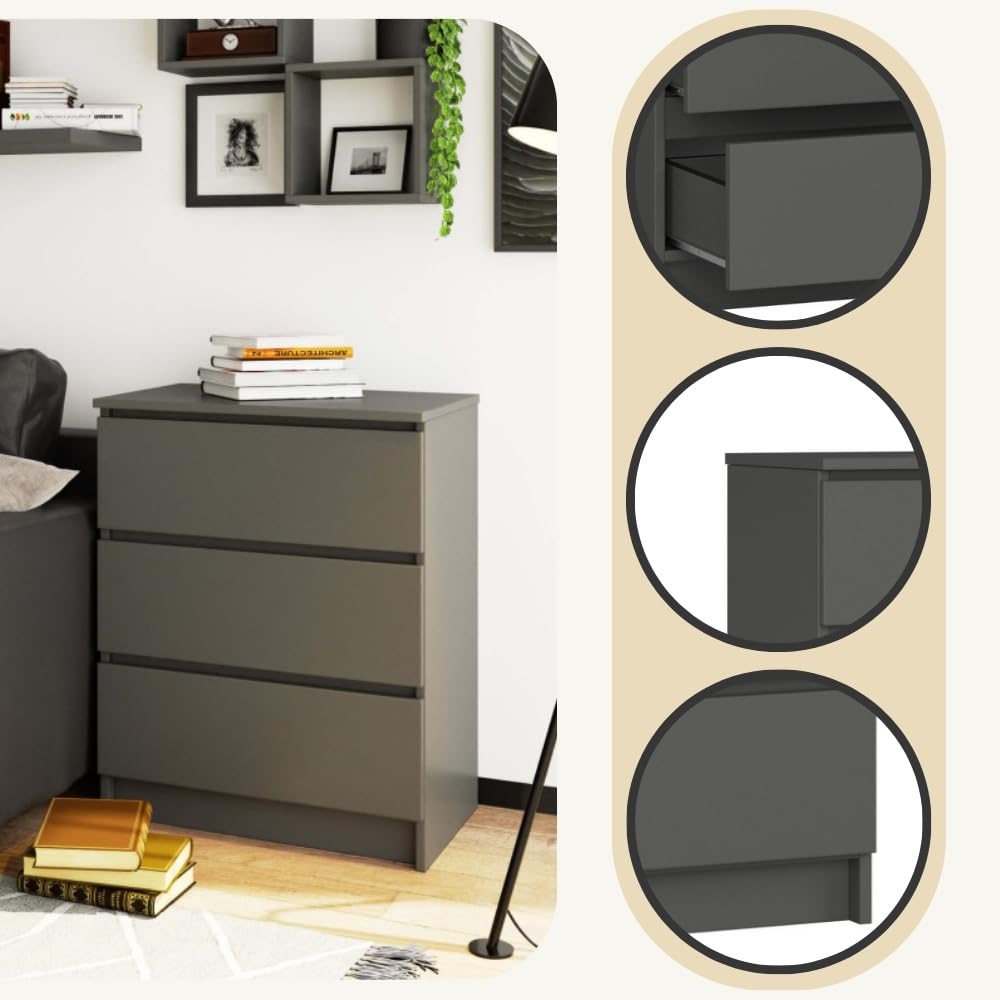 AKORD Commode CL-3 Avec 3 Tiroirs - Meuble De Rangement Classique Pour Chambre Et Salon - Gris Graphite - L60 X H57 X P35 Cm - 26 Kg