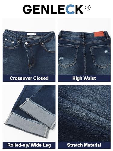 Genleck Wide Leg Cropped Jeans for Women Trendy High Waisted Crossover Boyfriend Jeans Mom Baggy Stretchy Denim (Dark Blue, S) — view 5