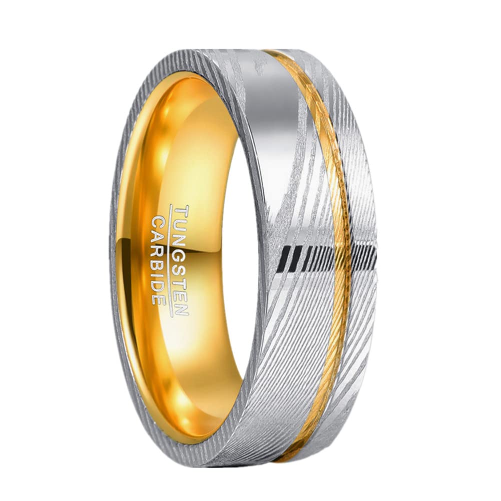 NUNCAD8mm Damascus Steel Band Ring for Men Gold Groove Two Tone Ring Comfort Fit Inner Band Size 7-12