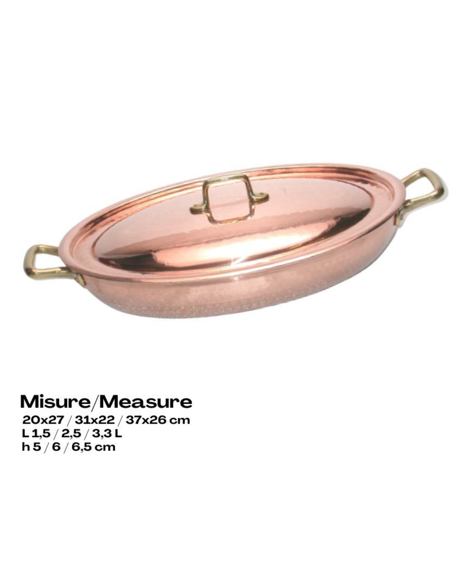 CREARTISTIC Tegame basso in rame puro stagnato Con Coperchio - 31x22 cm h 6 cm x 2,5 L, Con 2 maniglie in ottone da 4 cm, Pentolino per servire - Produzione Artigianale - Made in Italy