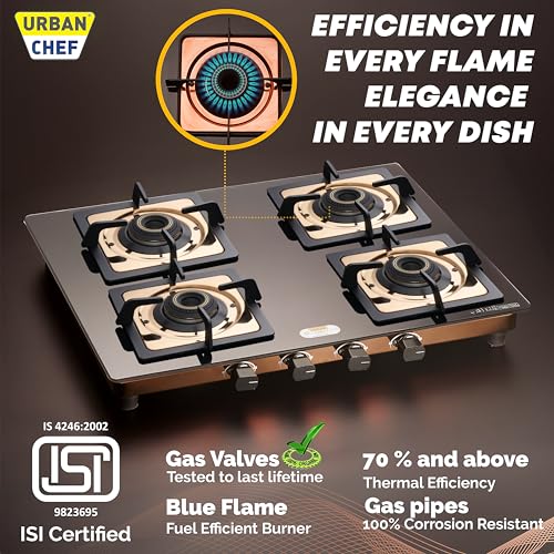 Urban Chef Gas Stove 4 Burners Glass Top | ISI Certified 4 Burner Stoves | Kitchen Gas Chulha LPG & PNG Compatible | Toughned Brass Burner Manual... - Image 3