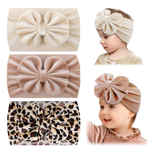 Image of YanJie Baby Girl Headbands with Bows, Soft Elastics Handmade Velvet Hairbands and Accessories for Infant Toddlers Kids in Khaki, Beige, Leopard