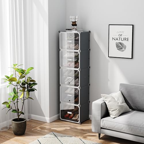 Image of Strassis Design Plastic Shoe Rack for Home | 10 Shelf DIY Shoe Rack with Door Magnets for Home Storage Plastic Box Organizer, Metal Door Frame, Chappal Slipper Sandals Stand (Grey, 5 Door)