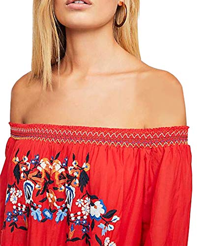 R.Vivimos Women's Long Sleeve Cotton Off Shoulder Floral Embroidery Casual Swing Short Dresses (Medium, Red)