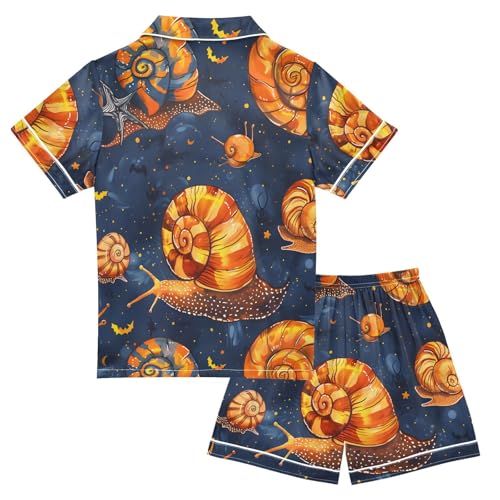 Satin Pajama Sets Short Sleeve Colorful Snails on Dark Background Button Down Silky Nightwear 2 Piece PJS 5-14Y2