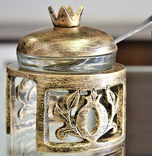 A&M Judaica & Gifts 59313 Nua Honey Dish Pomegranate Shape Stainless Steel Brushed Gold on Stand with Spoon