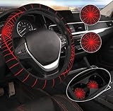 Black Spider Web Steering Wheel Cover with 2PCS Car Coasters Auto Steering Wheel Protector Anti-Slip Breathable 15 Inch Car Accessories (Black)