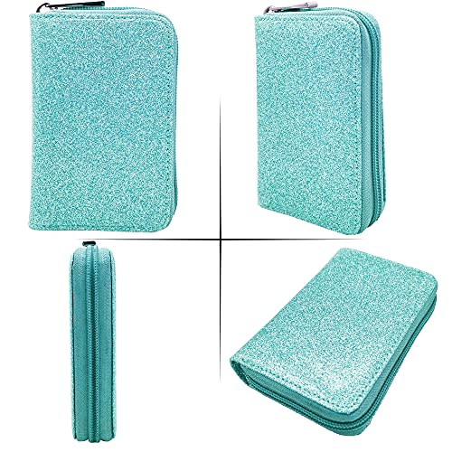 Image of Easyoulife Genuine Leather Credit Card Holder Zipper Wallet With 26 Card Slots, Glitter Teal, Medium, Rfid Wallet