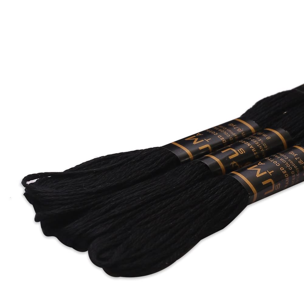 Pack of 3 Premium Embroidery Thread | 100% Egyptian Cotton Premium Skeins | Cross Stitch Embroidery Floss | Oeko TEX Certified Stranded Cotton (Black)
