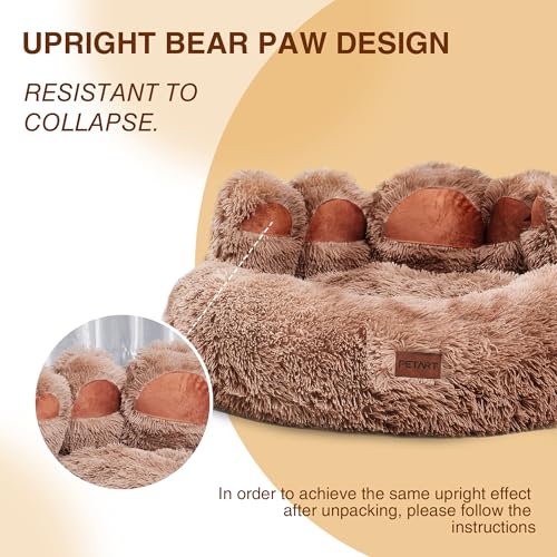 PETART Hundebett Bärenpfoten – Gemütliches Rundes Katzenbett für kleine bis mittelgroße Hunde und Katzen, Weiches Flauschiges Kunstfell-Hundebett (Khaki, XS-50cm)