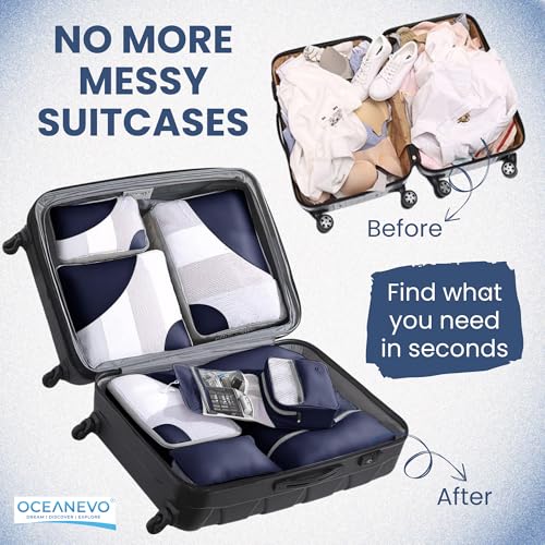 Image of OCEANEVO Set of 10 Pcs Packing Cubes for Travel | Includes Luggage Tag and Toothbrush Holder | Suitcase Organizer for Travelling for Clothes, Shoes and Lingerie | Model 3.0 - Navy Blue-1Year Warranty