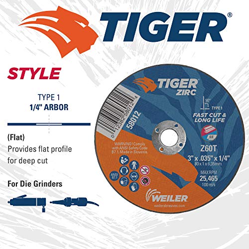 Image of Weiler 58012 3-Inch Cutting Wheel, Tiger Zirc Metal Fast Cut & Long Life, High Performance Cutting, 0.035 inch Z60T Type 1 1 /4 inch Arbor (Pack of 100)