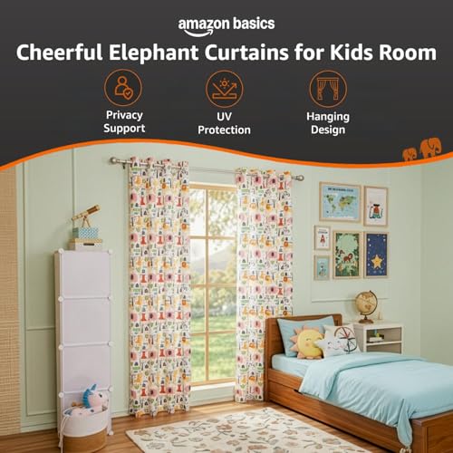 Image of Amazon Basics - Kids Room Darkening Digital Printed Door Curtains, 80-85% Room Darkening | 7 Feet |Set of 2| Digital Print | Kids Curtain |for Living Room and Bedroom | 115cmx 210cm, Design-Elephant