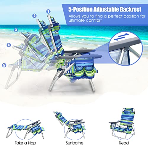 Image of Tangkula Backpack Beach Chair with Table, 5-Position Lay Flat Beach Chairs with Cooler Bag, 2 Cup Holders, Towel Bar, Lightweight Low Folding Beach Chair with Backpack Straps