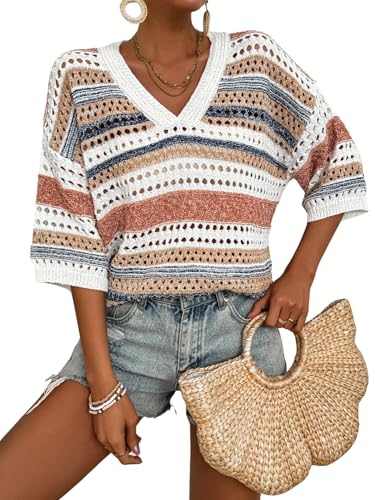 Image of Verdusa Women's Short Sleeve Drop Shoulder Striped Sweater Top Hollow Out V Neck Summer Shirt