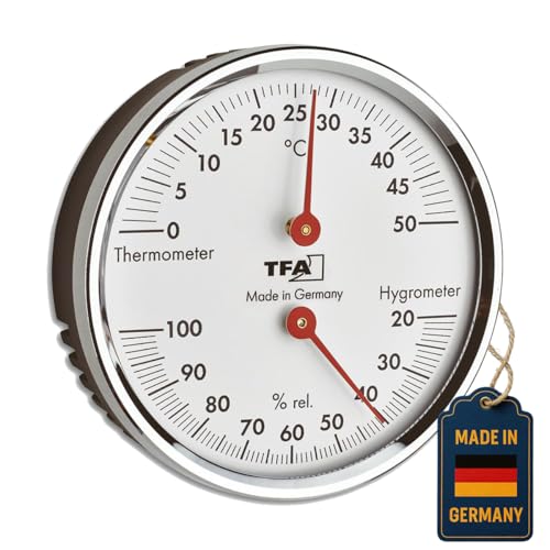 TFA Dostmann Analoges Thermo-Hygrometer, 45.2041.42, mit Metallring, zur Kontrolle von Temperatur und Luftfeuchtigkeit, silber