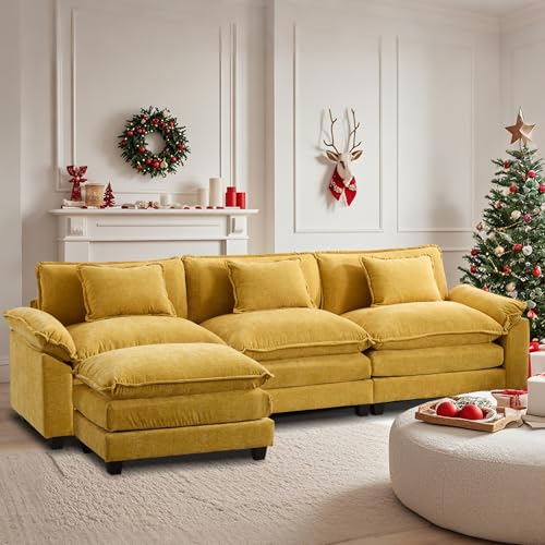 OQQOEE Modular Sectional Sofa Cloud Couch with Ottoman Deep Seat L Shaped Chenille Sofa Couches for Living Room Apartment (Yellow L Shaped-3 Seat & Ottoman)
