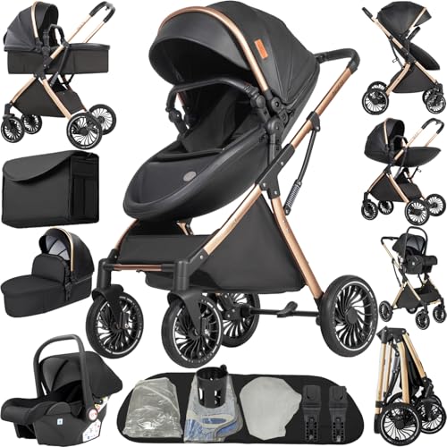 MoLi Poussette 4 en 1, Poussette Bebe avec Mode Double Poussée Réversible, Pousette 4 en 1 avec Nacelle Grande, Pousette Trio Cadre en Alliage d'aluminium...