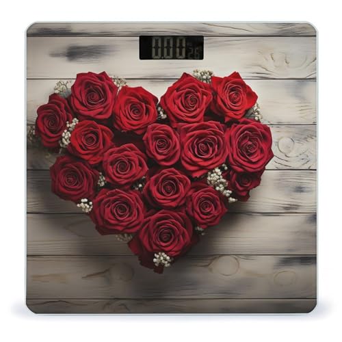 Báscula de baño digital roja con diseño de rosas y forma de corazón