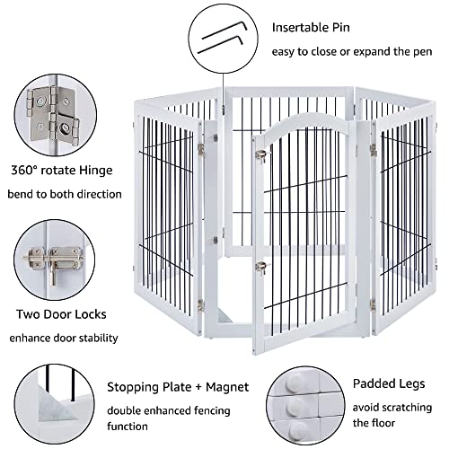 Unipaws Pet Playpen With Wood And Wire, 6 Panels Extra Wide Freestanding Walk Through Dog Gate With 4 Support Feet, Foldable Stairs Barrier Pet Exercise Pen For Dogs Cats Pets, White #TOP2