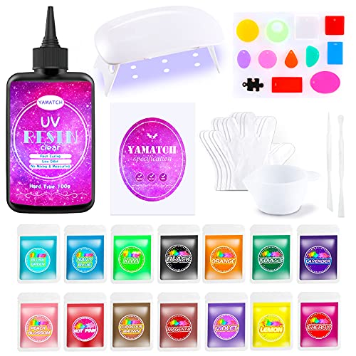 YAMATCH UV Resin Starter Kit with Light for Jewelry Making, Hard Type Resin Clear Set for Art Crafts Beginners with Silicone Molds, 15 Colors Mica Powder Dye