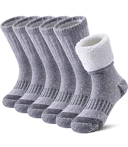 FNOVCO Calcetines de lana merino para niños, cálidos, gruesos, cálidos, cálidos, con cojín térmico, para senderismo, 3 pares, Gris & Negro, 8- 12 años