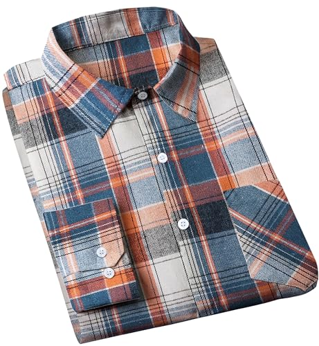 Cromoncent Men's Casual Flannel Shirt Plaid Long Sleeve Button Down Western Shirt,Blue Orange,Small