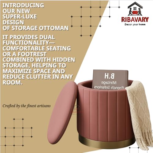 Image of Round Velvet Luxurious Storage Ottoman, Pouf with Storage Vanity Stool Chair,Upholstered Foot Rest Stool with Gold Strip Base for Living Room or Bedroom (Pink, Medium- 36Dx36Wx40H)