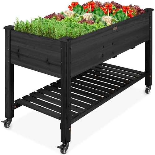 Best Choice Products Raised Garden Bed 48x24x32-inch Mobile Elevated Wood Planter w/Lockable Wheels, Storage Shelf, Protective Liner - Black