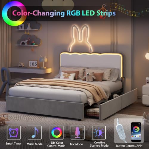 Image of Garvee Irregular Wave LED 2-Drawer Soft Upholstered Bed, Soft Padding