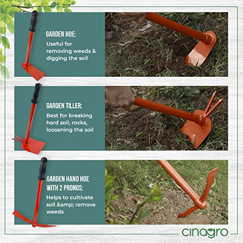 Image of Cinagro Garden Tool Kit 3 Pieces - Garden Hoe, Garden Tiller & Garden Hand Hoe with 2 Prongs, Terrace Gardening Accessories, Gardening Tools Kit for Home Gardening, Farming Tools