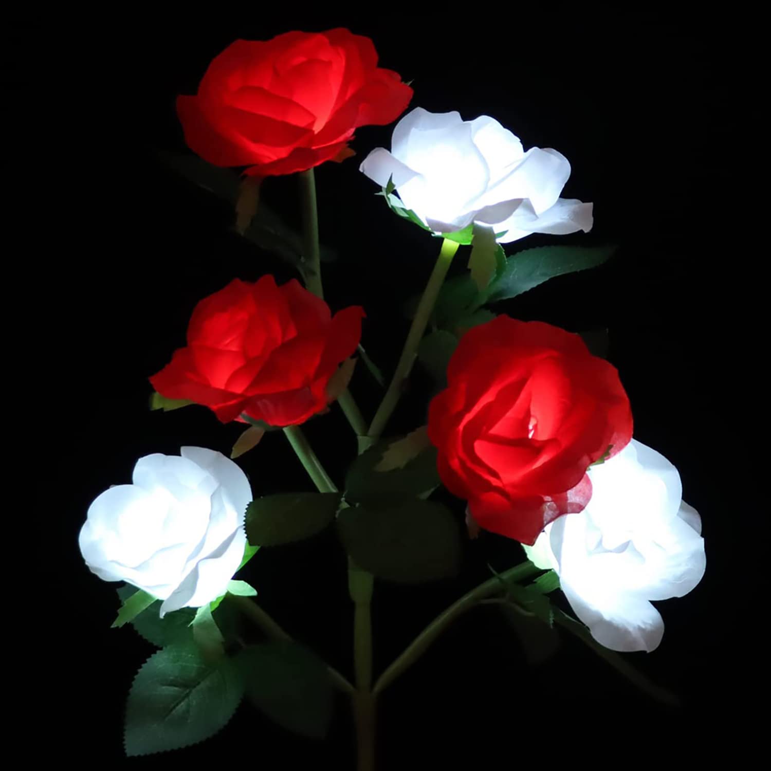 [New Designed Red & White 6 Flowers ] Solar Rose Decorative Garden Stake Lights, Waterproof Light Up Artificial Flowers for Outdoor Flower Bed Garden Pathway Memorial Day Cemetery Grave Decorations