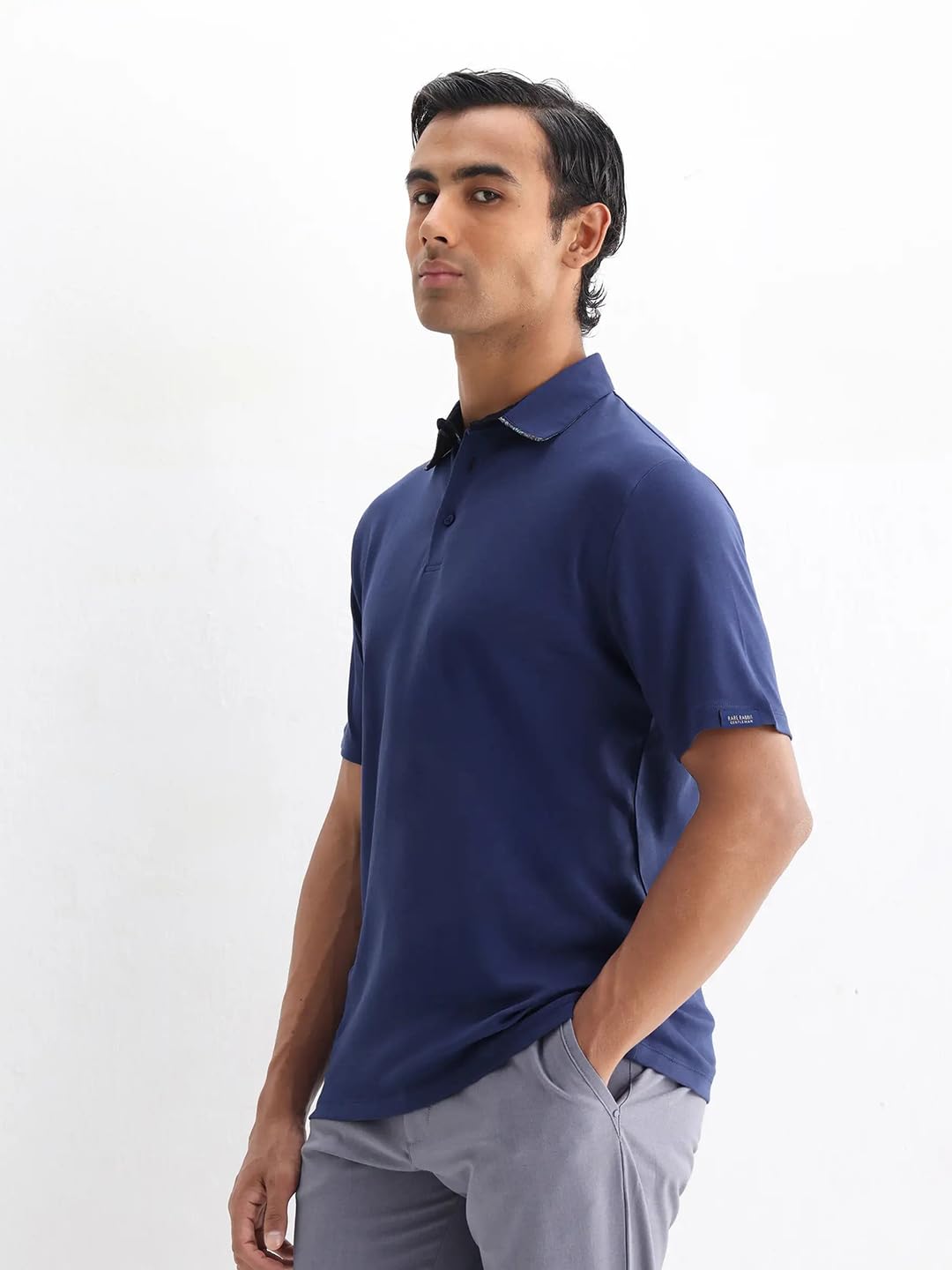 Rare Rabbit Men's Casca Dark Blue Cotton Plain Regular Fit Half Sleeve Polo 4