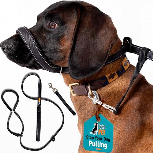 Total Pet Figure of 8 Dog Lead - Flat Anti Pull Stop Dogs Pulling Slip Leads Reflective with Padded Nose Support (Black 210cm)