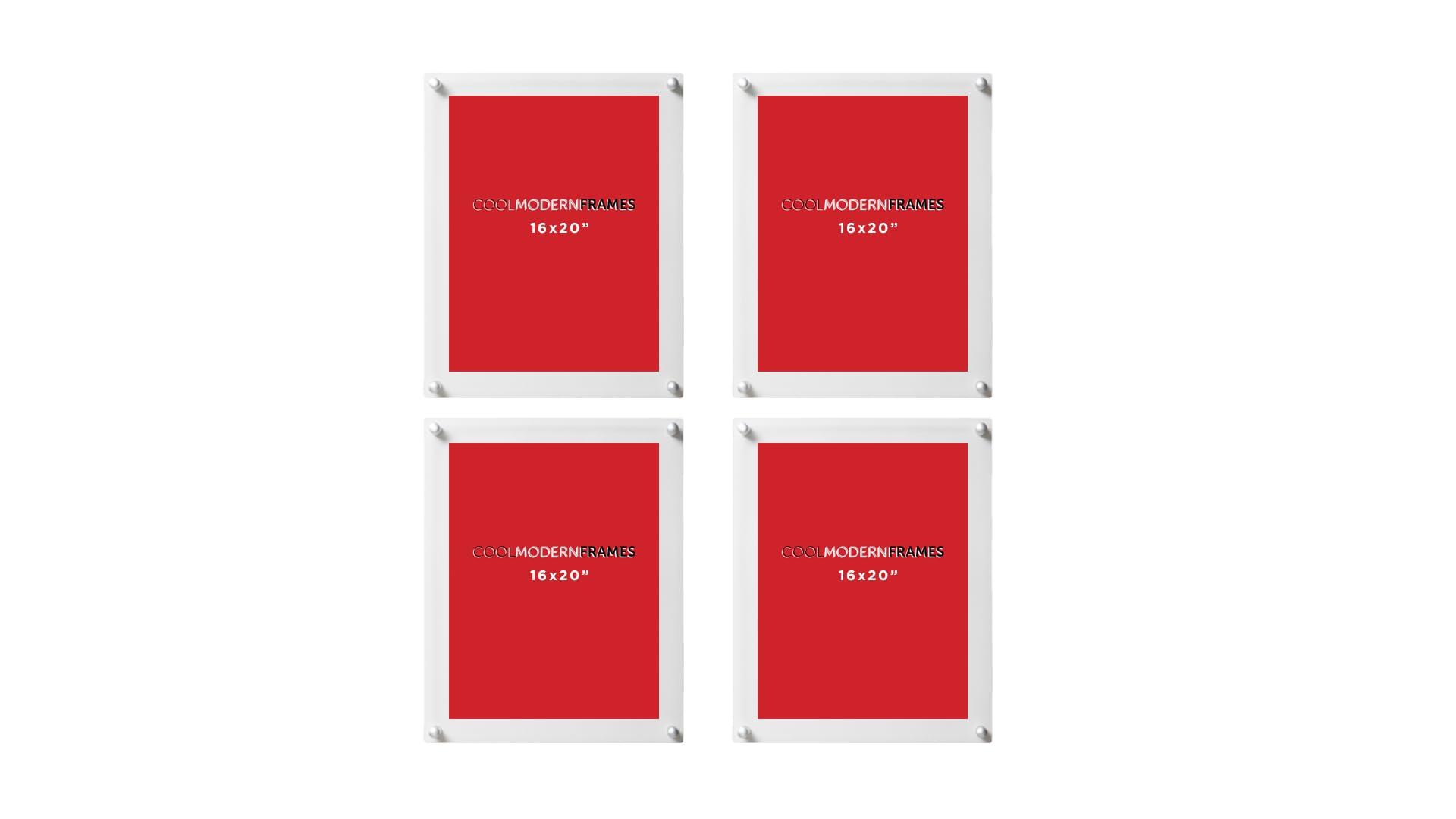 COOLMODERNFRAMES 16x20 Clear Double Panel Set of 4 Floating Acrylic Picture Frame with Silver Hardware for Displaying Art and Photos on Wall, Pack of 4