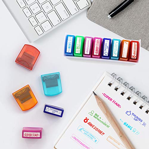 Reliancer 8Pcs Teacher Stamp Set Colorful Self-Inking Motivation School Grading Stamps Encouraging Comments Classroom Homework Rating Stamp Office Stationery Stamps With Storage Tray (8Pcs-B) #TOP1