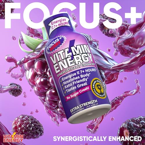 Image of Vitamin Energy Focus+ Extra Strength Energy Shot Berry 4 Pack, 260mg Natural Caffeine, B-Vitamins, CoQ10, Amino Acids, Focus, Productivity & Clarity, Zero Sugar, Gluten-Free, 1.93 fl oz