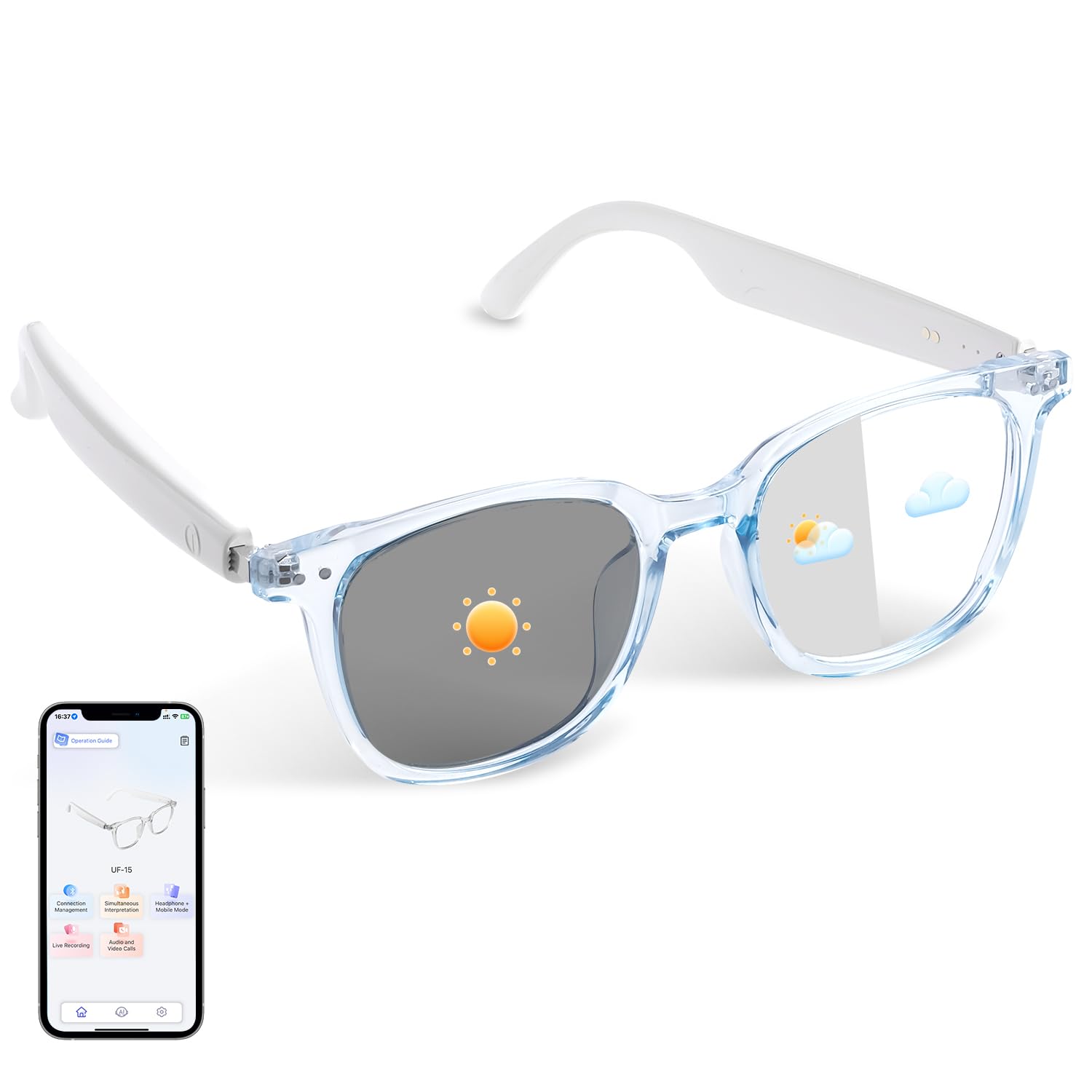 Smart Translation Glasses Integrated with ChatGPT, Support 160+ Languages, Real-time Translation via APP, Photochromic Lenses, Open-ear Design, AI