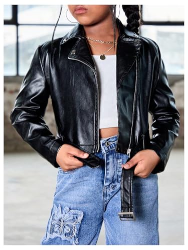 MakeMeChic Girl's PU Leather Zip Up Jacket Long Sleeve Buckle Belted Cropped Coat Outerwear4
