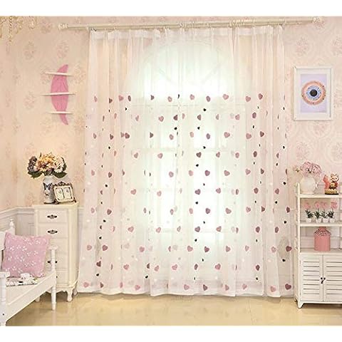 Lactraum Curtain for Children's Room Girls Pink Embroidered Heart Romantic Voile with Ruffle Tape 100 x 245 cm (W x H) Cover