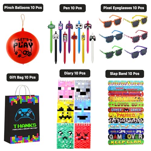 Image of Party Propz Return Gifts for Birthday - 60 Pcs, Game Theme Return Gift For Kids Age 6-10,Pinch Balloon,Pen, Pixel Eyeglasses,Diary,Slap Bands,Stationary Kit Return Gift For Kids Age 10-12
