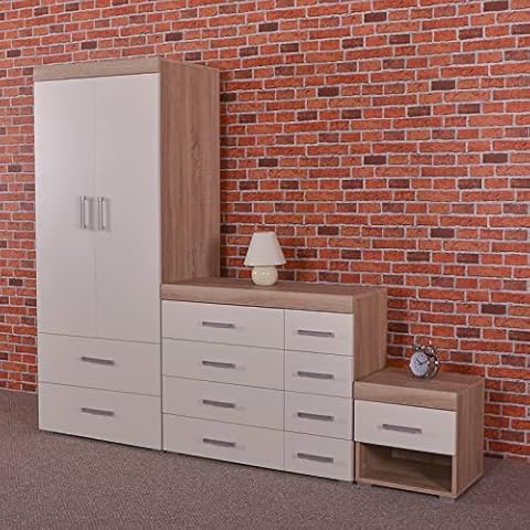 3 Piece White & Sonoma Oak Bedroom Furniture Set! Wardrobe, 4+4 Drawer Chest, 1 Draw Bedside Table! 8 Cover