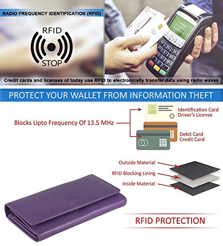 Image of Women's Top Grain Leather Wallet, RFID Blocking Bifold clutch, 17 Card Slots, Zip Pocket Organizer, Elegant Gift for Women - Birthday, Valentine, Anniversary - PURPLE