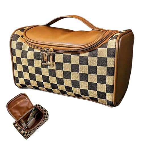 Zigihos Large Capacity Checkboard Plaid Cosmetic Bag for Women Travel Makeup Organizer Waterproof Toiletry Bag (Brown)