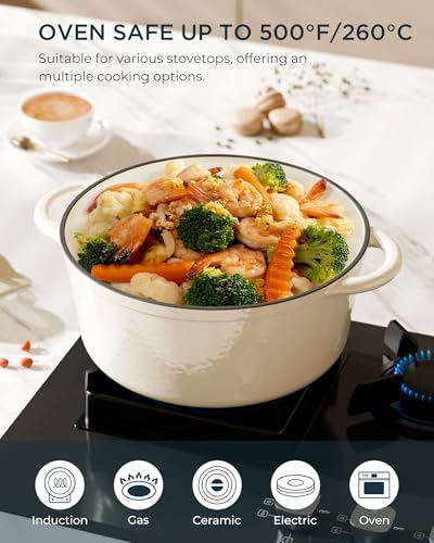 Enameled Cast Iron Dutch Oven - 7.5QT Pot with Lid & Cotton Potholders - Heavy-Duty Cookware for Braising, Stews, Roasting, Bread Baking, Oven Safe up to 500° F & Across All Cooktops, Cream White - Thumbnail 4