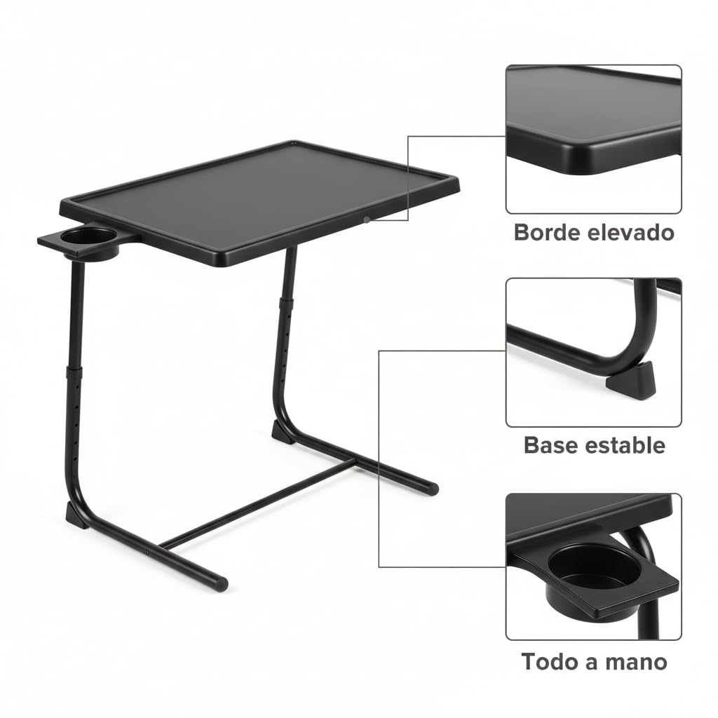 Pincho Mesa Auxiliar Sofa, Mesa Plegable, Folding Table, Mesita para Cama, Mueble Auxiliar Salón con Portavasos con Borde Elevado, Tipo C Altura Regulable Ajustable - Negra para Sofa y Cama — view 6